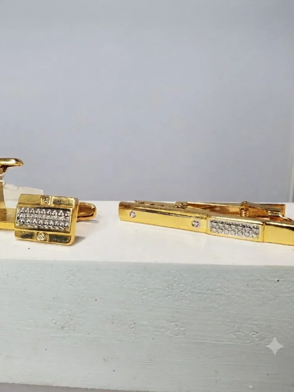 Elegant Gold & Silver Tone Textured 3-Piece Cuff Link and Tie Clip Set